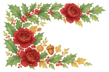 Watercolor christmas holly and red flower border with berries, acorns, and autumn leaves, transparent background