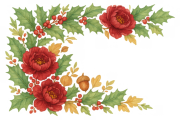 Watercolor christmas holly and red flower border with berries, acorns, and autumn leaves, transparent background