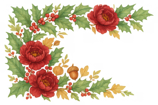 Watercolor christmas holly and red flower border with berries, acorns, and autumn leaves, transparent background - Powered by Adobe