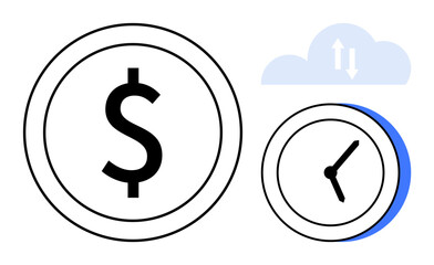 Coin with dollar sign, clock face, and cloud with double arrows illustrating currency, time, and cloud data exchange. Ideal for finance, time management, cloud computing, savings business