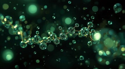 Glowing Green Molecular Chain with Floating Bubbles – Perfect for Biotech Ads, Science Blog Headers, Genetic Research Infographics, Medical Innovation Visuals, Chemistry Lab Presentations