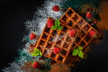 Fresh baked chocolate Belgian waffles with red raspberries and jam on black plate for breakfast, closeup, top view. Culinary, cooking, bakery concept. Food recipe background. Sweet waffles with berry