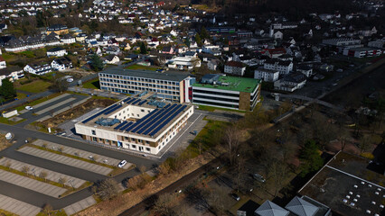 The vocational school in Biedenkopf photographed with a drone that has a solar roof