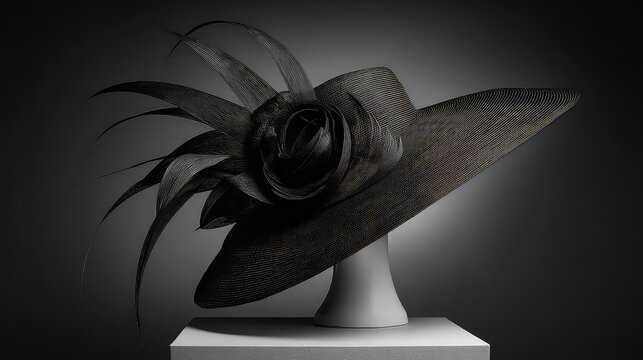 Elegant Black Hat with Feather Decoration Displayed on a Minimalist Mannequin against a Dark Background