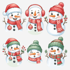 Set of Cute Watercolor Snowman Characters with Winter Hats