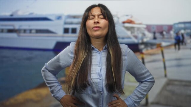 Woman clutching stomach and pressing hands to abdomen on street by boats and dock; discomfort seasickness travel.