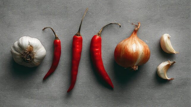 Fresh Garlic, Red Chilis, Onions, and Garlic Cloves Arranged on a Textured Surface for Culinary and Cooking Themes