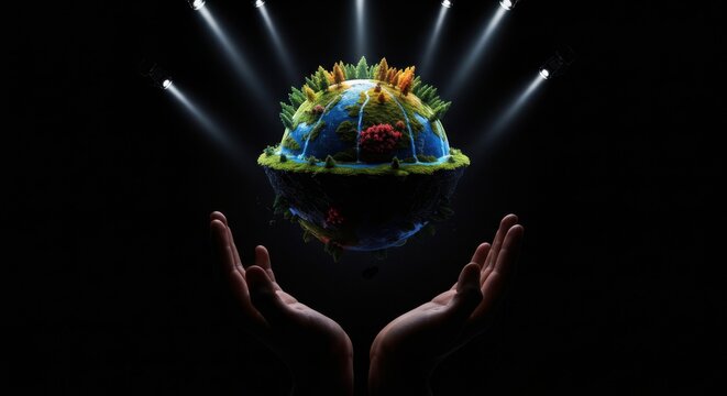 Hands holding a miniature earth globe with forests and oceans under spotlights.