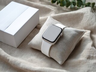 Sleek Apple Watch with blank screen resting on a neutral-toned fabric pillow, a pristine white gift box visible in soft focus on the right, capturing minimalist product aesthetic