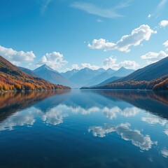Calm mountain lake with autumn forest reflections