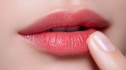 Fototapeta premium Extreme close up of asian female lips with finger soft pink lipstick smooth skin sensual and natural beauty healthy appearance gentle touch delicate texture subtle shine