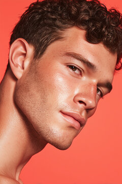 Close up portrait man flawless glowing skin young curly hair confident Confident young man with flawless glowing skin and curly hair close up portrait against vibrant coral background healthy