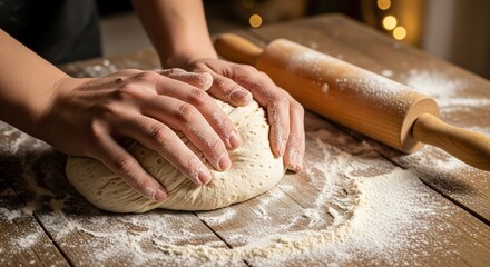 Close-up of hands kneading dough on a floured wooden table with a rolling pin nearby, preparing for baking.