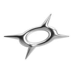 Futuristic Y2K 3D chrome metallic shape with four sharp spikes