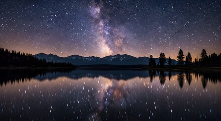 Night sky milky way stars lake reflection landscape nature scenic mountain trees dark space galaxy view