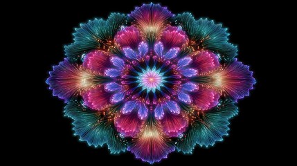 Vibrant Abstract Floral Pattern with Bright Colors and Intricate Design Elements on a Dark Background