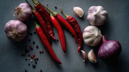Fresh Garlic and Red Chili Peppers on Dark Background, Culinary Ingredients for Flavorful Cooking and Spicy Dishes