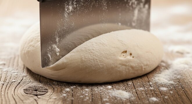 A metal dough scraper cutting through a ball of dough on a wooden surface covered in flour.