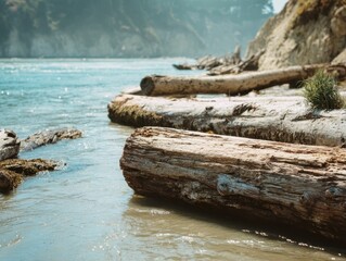 Weathered Driftwood Logs Calm Ocean Rocky Shoreline Sunny Day Coastal Bluff Pacific Northwest Scenery
