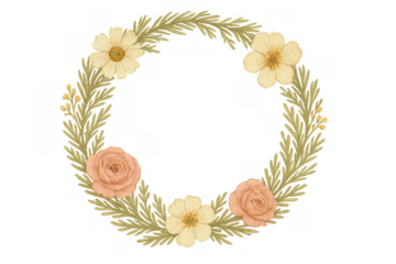 Watercolor floral wreath with roses and daisies, creating a charming frame for cards and invitations, transparent background