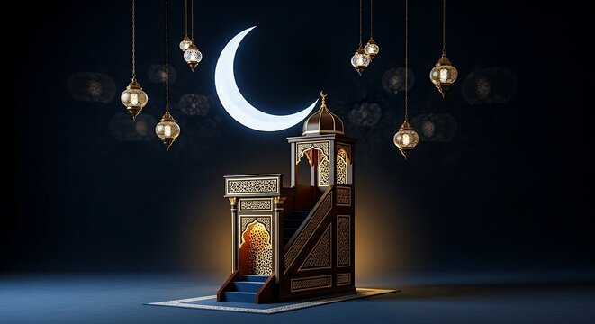 A beautifully rendered 3D Islamic minbar and prayer rug set against a dark background with a glowing crescent moon and ornate lanterns.