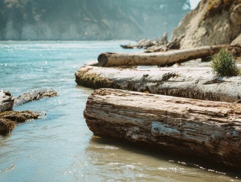 Weathered Driftwood Logs Calm Ocean Rocky Shoreline Sunny Day Coastal Bluff Pacific Northwest Scenery - Powered by Adobe