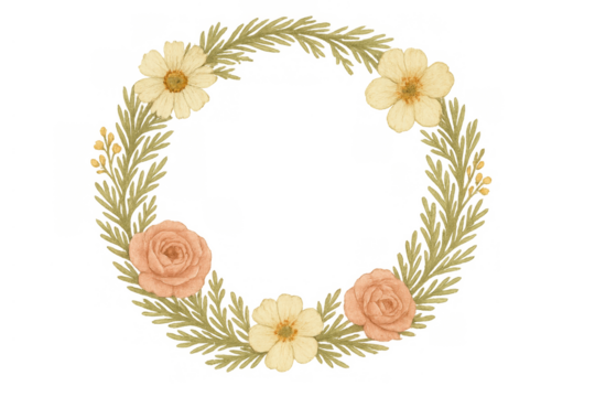 Watercolor floral wreath with roses and daisies, creating a charming frame for cards and invitations, transparent background - Powered by Adobe