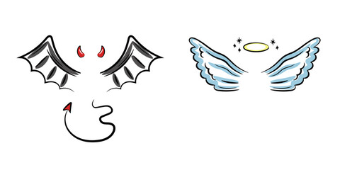 Angel and demon wings and other elements. Color doodle hand drawn illustration on white background.
