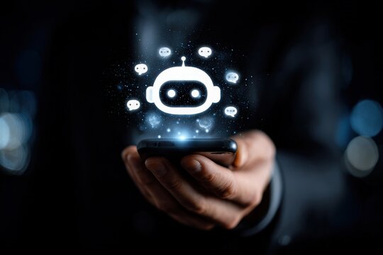 A person holds a smartphone with a bright chatbot icon above it, surrounded by floating message bubbles. The setting is dimly lit, emphasizing the glow from the phone and the chatbot.
