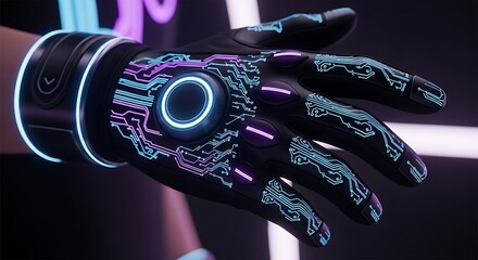Futuristic Cybernetic Hand with Glowing Circuitry and Neon Accents.