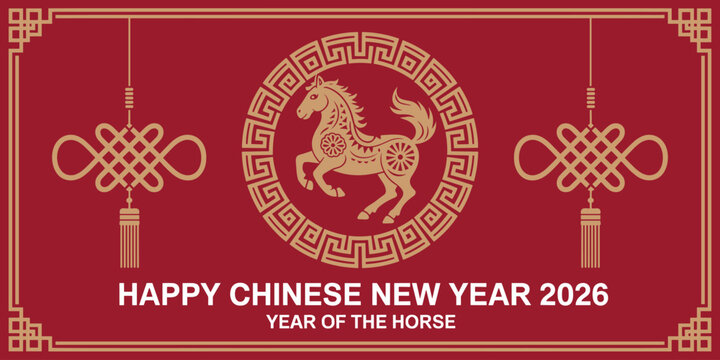 Happy chinese new year 2026 year of the horse greeting with traditional chinese knot and horse illustration