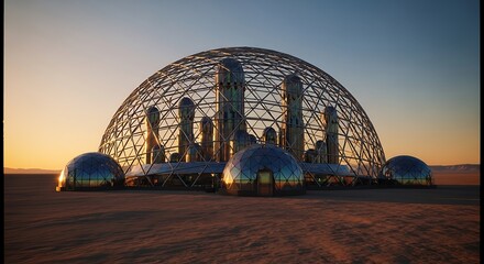 Fototapeta premium Futuristic Desert Oasis - A Geodesic Dome Cityscape at Sunset.