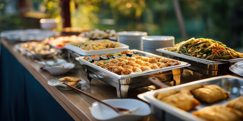 Buffet catering table with assortment of hot dishes, fried appetizers, rice, vegetable stir fry and plates set outdoors in warm evening light