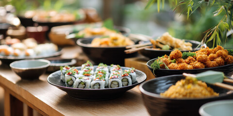 Fresh sushi roll platter with assorted Asian buffet dishes on wooden table under soft natural light, inviting communal dining atmosphere