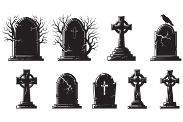 Collection of gravestones isolated on white background a somber assortment of memorials, evoking themes of remembrance, mortality, and the passage of time