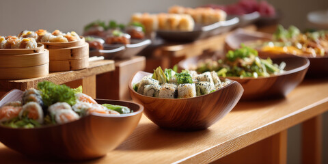 Asian buffet sushi rolls and dim sum served in wooden bowls on long table, appetizing spread with salad and garnishes creating inviting atmosphere