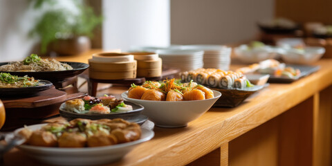 Asian buffet table with sushi roll, dumpling bowl, noodle platter and dim sum in warm restaurant setting, inviting and appetizing