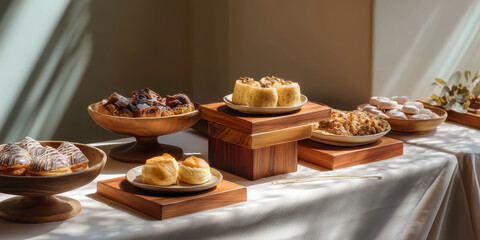Warm pastry display on wooden pedestals with soft sunlight and inviting texture, cozy bakery table scene