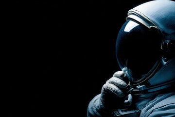 An astronaut stands silently, contemplating in a dark setting. The suit is detailed, showcasing the reflective visor and gloves. The atmosphere evokes a sense of mystery and solitude in space.