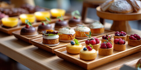Elegant pastry assortment on wooden tray with fruit tarts and mousse cakes, warm ambient light, inviting dessert display
