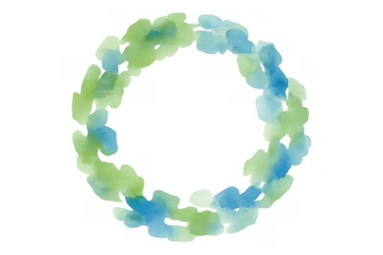 Watercolor wreath frame creating a paint splash border with green and blue organic shapes, transparent background