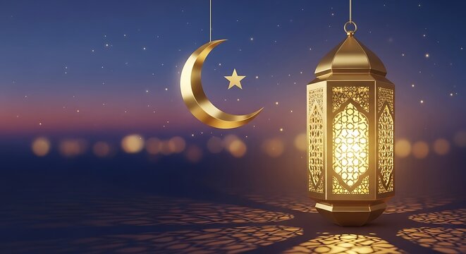 A golden crescent moon with a star hangs next to a glowing lantern during twilight.