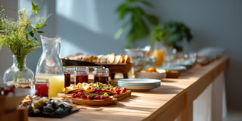 Wide shot catering spread with drinks glass pitcher juice jars pastries plates fresh fruit garnish sunlight warm atmosphere