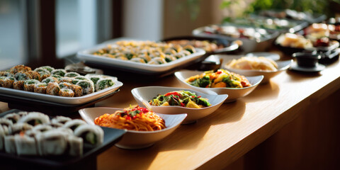 Buffet table with assorted Asian and Western dishes, sushi, noodles, salads, appetizers, warm lighting, inviting atmosphere