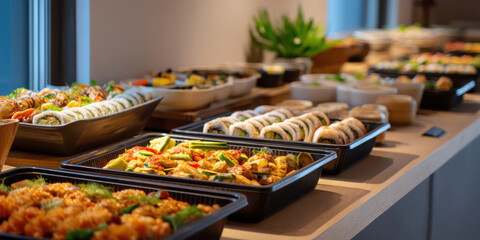 Fresh buffet spread with sushi rolls, rice dishes, salads and hot entrees arranged on catering table in warm light