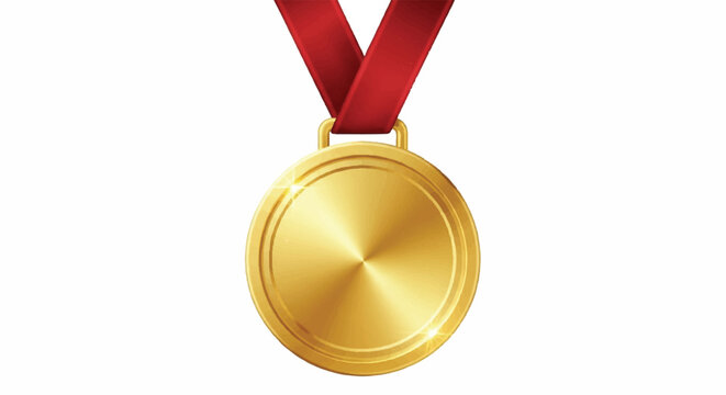Close-up of a gold medal with a red ribbon against a plain white background.