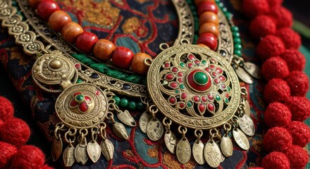 Fototapeta premium Close up of ornate brass necklace with red and green beads on patterned fabric.