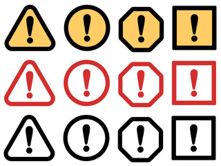 ビックリマークアイコン12種セット｜三角・四角・八角・丸 × 3カラー