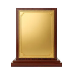 Wooden plaque with golden plate isolated on transparent background