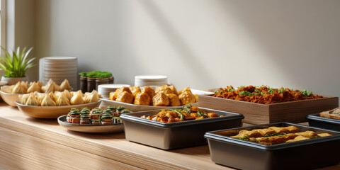 Wide shot eye level multicultural catering display in minimal buffet setup with assorted appetizers and warm dishes served attractively